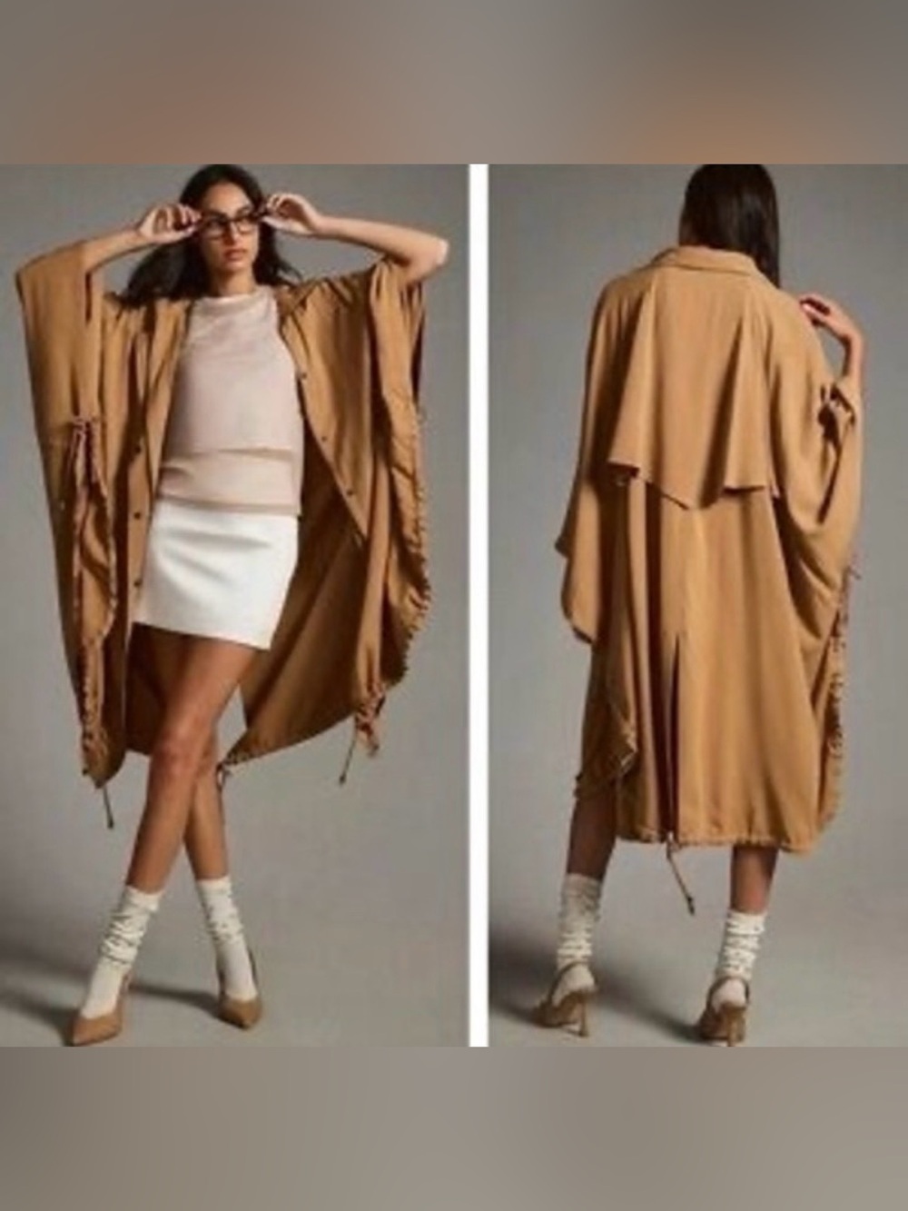 Pilcro Anthro Poncho Cape Women's OS Tan Drawstring Snap Front Sidetie Utility